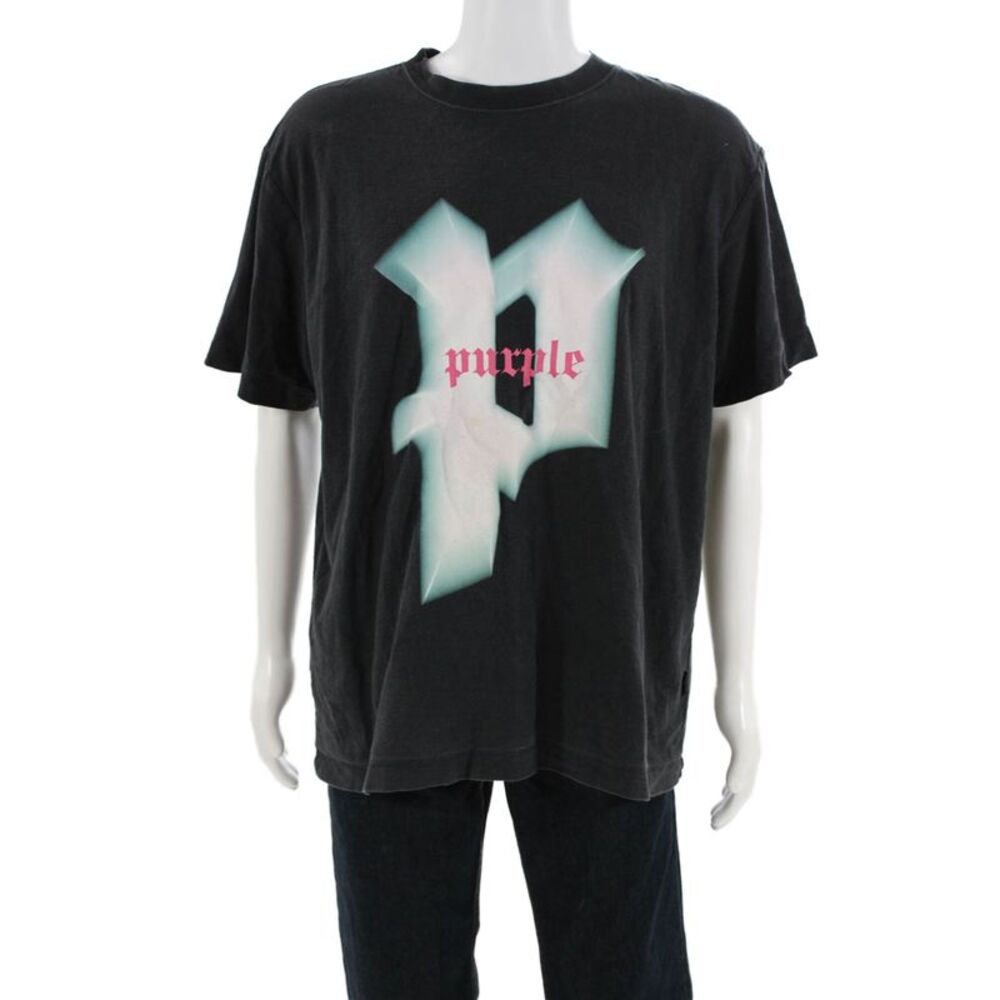 Purple Mens Black Graphic Grunge Crew Neck Cotton Short Sleeve T-Shirt Size L